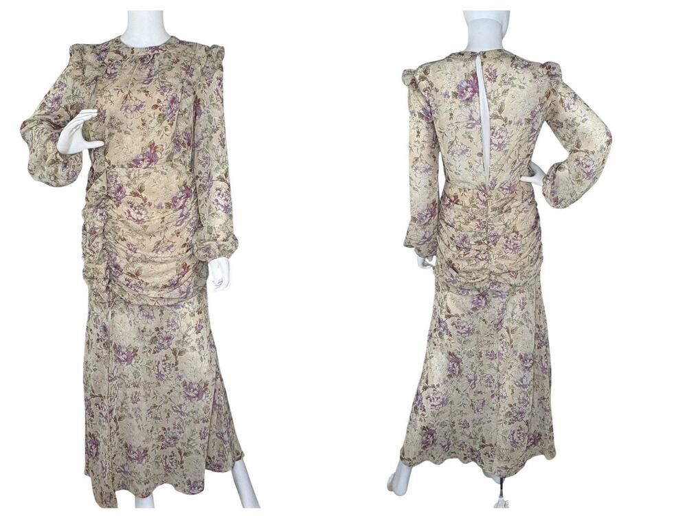 Sweet Lemon Maxi Dress Floral Sheer Chiffon Romantic Ruffle Ivory Size M